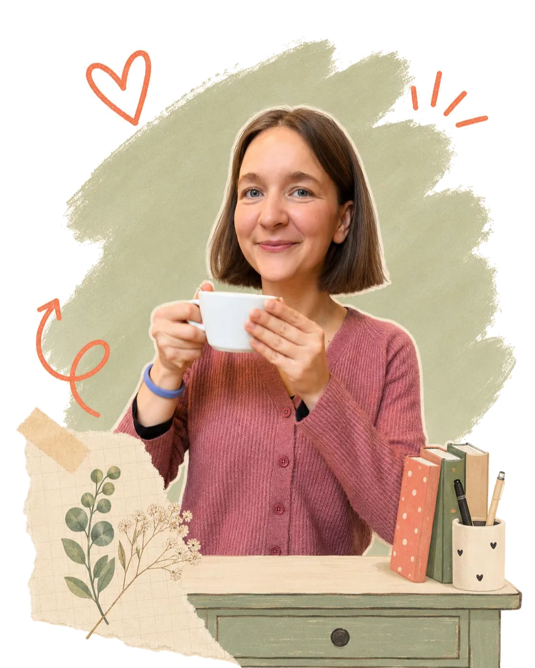 Natalia met een kop koffie aan een bureau met boeken en planten